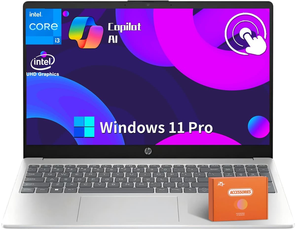 HP Notebook Comercial táctil 15.6", Intel i3-1215U de 6 núcleos (hasta 4.4 GHz), pantalla táctil HD, Intel UHD Graphics, AI Copilot, 16 GB RAM, 512 GB SSD, carga rápida, Windows 11 Pro, con accesorios 15-fd0023dx/A9HM6UA#ABA