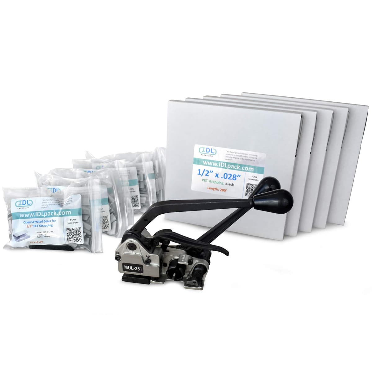 IDL Packaging Ultimate Kit de flejado PET 1/2" x 1000' con herramienta 3-en-1 CM.PSK.12.1000