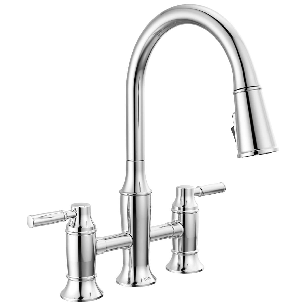 Grifo de cocina Delta Renaldi en Lumicoat Chrome, puente 3 agujeros con rociador extraíble, dos manijas 2384L-PR-DST