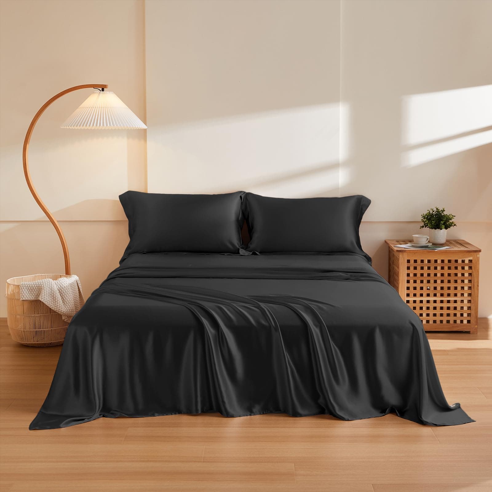 THXSILK Juego de sábanas de seda 4 piezas King - Mulberry 19 Momme, Black