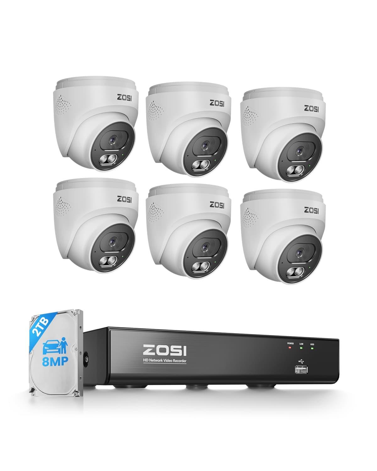 ZOSI C220 NVR POE 4K 8MP 8CH para Sistema de Cámaras de Seguridad (Expandable a 16CH), 6 Cámaras Domo PoE IP 8MP para Exterior/Interior, Detección AI de Personas/Vehículos/Rostros, Audio Unidireccional, Visión Nocturna IR 30 m, HDD 2TB