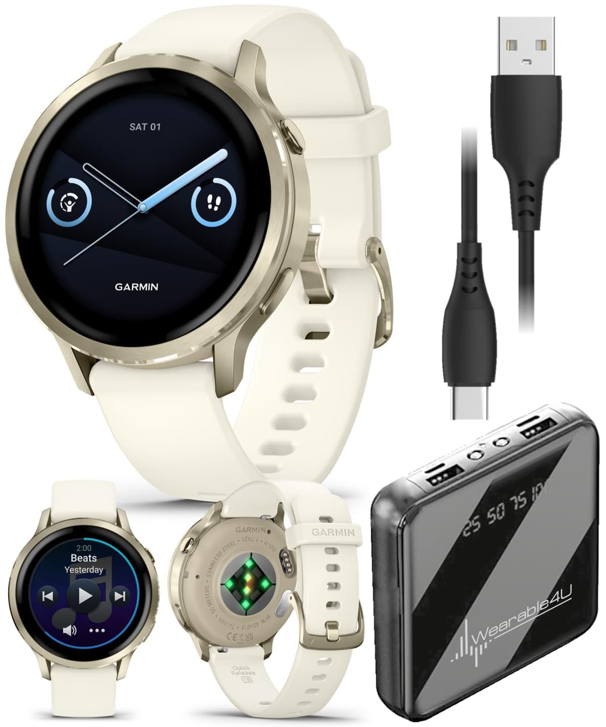 Wearable4U Garmin Venu 4 41mm Lunar Gold con banda Bone Silicone + PowerBank