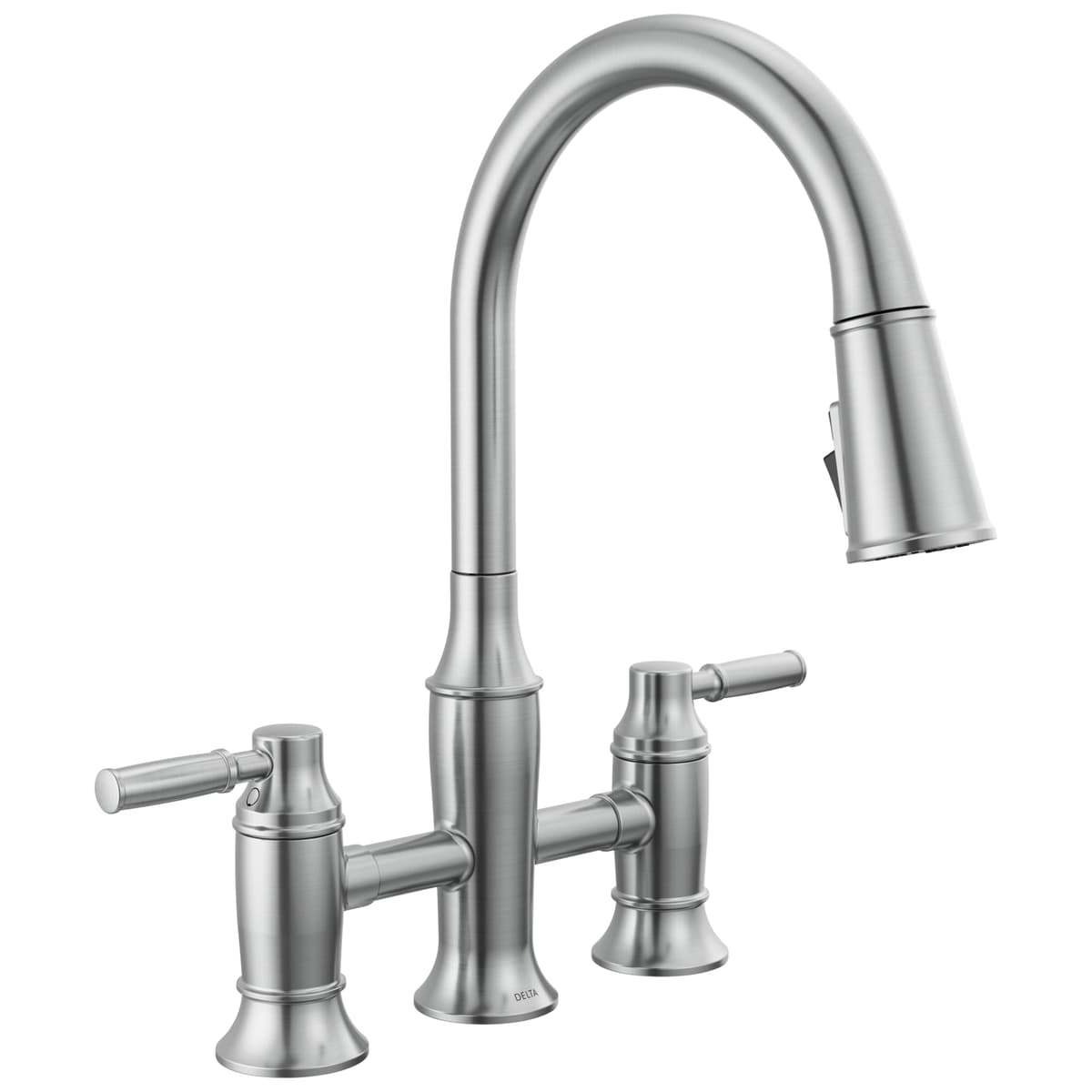 Grifo de cocina Delta Renaldi en Lumicoat Arctic Stainless, puente 3 agujeros con rociador extraíble, dos manijas 2384L-AR-PR-DST