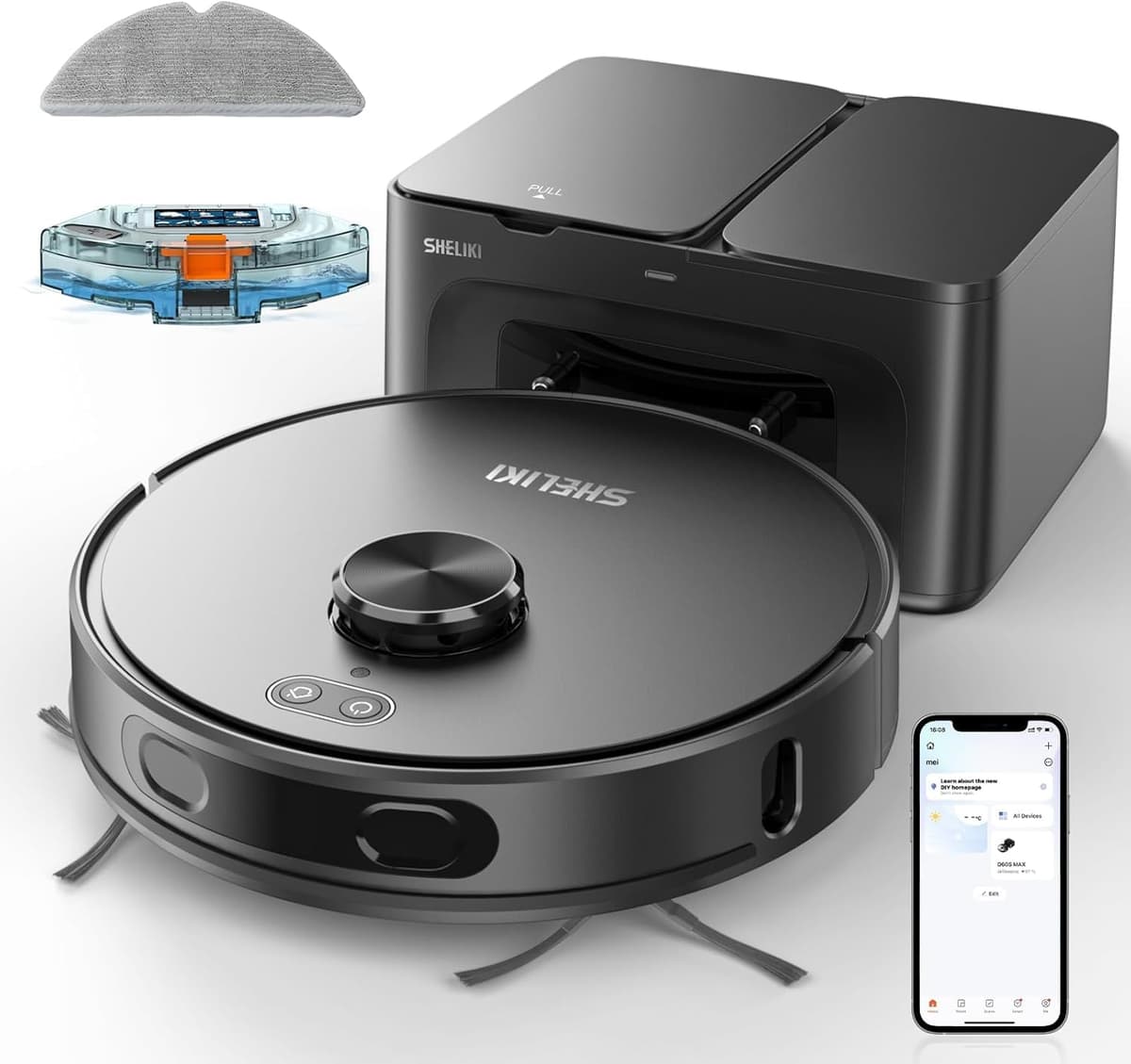 SHELIKI D60S MAX Robot Aspiradora y Fregasuelos 3-en-1 con Base 70 días, LiDAR 360°, 6000Pa D60S MAX Gray