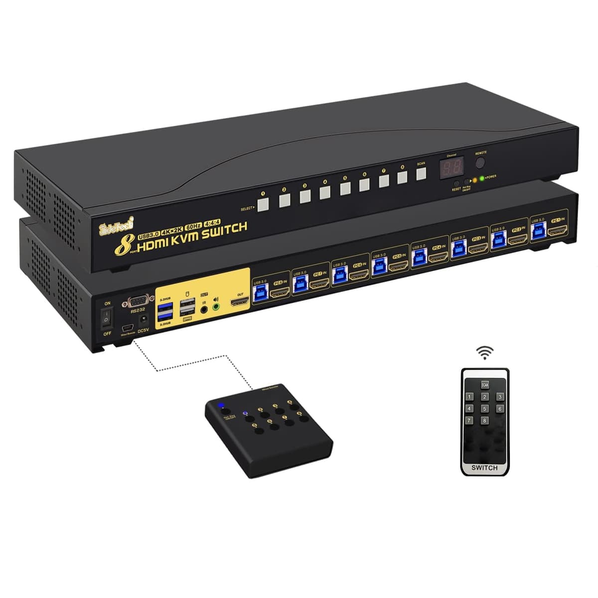 JideTech 8-Port HDMI KVM Switch 4K@60Hz con hub USB 3.0 y montaje en rack 1U 9138H-3-B