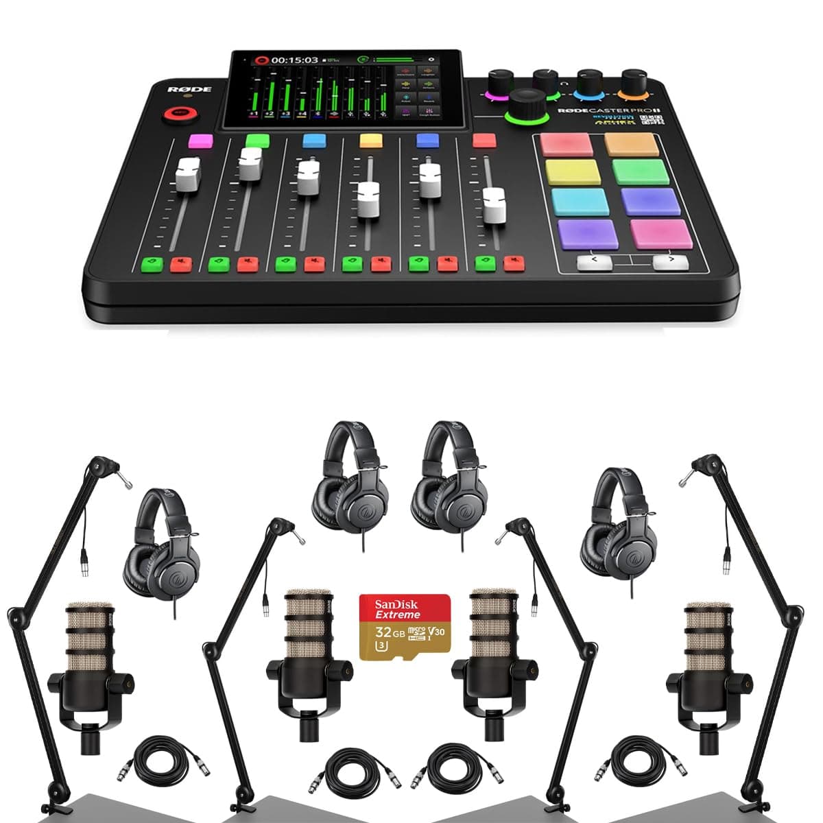 RODECaster Pro II Bundle con 4 PodMic, 4 TAPH500, brazos, cables XLR y microSD 32GB RCPII RDK3