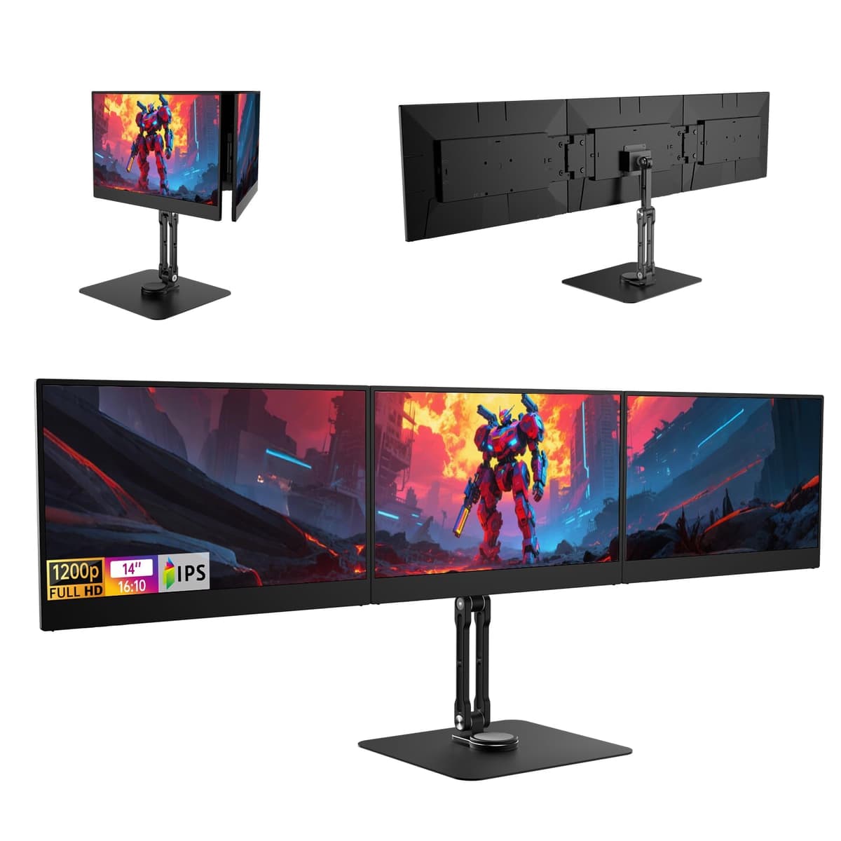 DEPGI Extensor de Pantalla Triple de 14", Extensor de Pantalla para Laptop Autónomo, 3x14" FHD IPS Monitor Extendido Versátil con Modos Doble y Triple para Laptops de 13-17" (Compatible con Mac/Windows/M1-M5) DE140N2