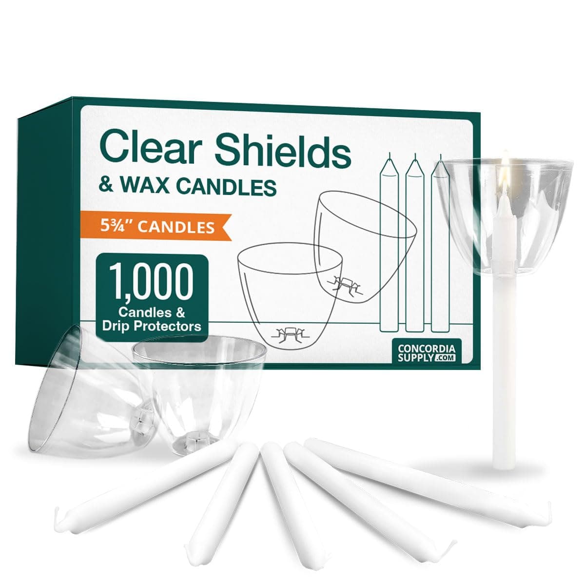 Velas Concordia Supply con Protectores de Goteo para Velas - Velas de 5.75" x 1/2" con Protector de Plástico Transparente para Protección contra Viento y Goteo, Ideal para Velas, Servicios Conmemorativos y Congregacionales (Juego de 1000) 624029