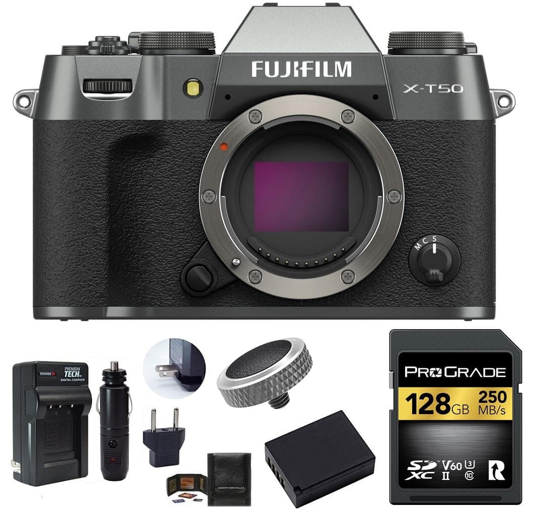 FUJIFILM X-T50 Cuerpo Mirrorless + Kit de 6 accesorios (128GB UHS-II, Batería extra, etc.) - Charcoal Silver FJX-T50-BODY-6PCS