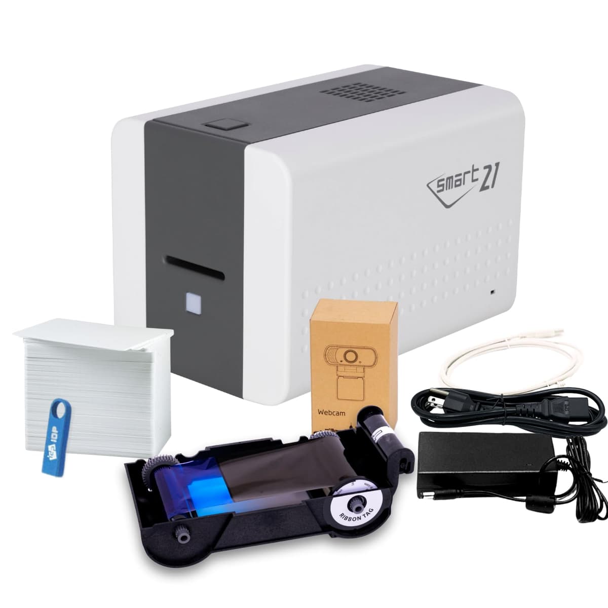 IDP SMART-21SB-EZ Impresora de tarjeta ID simplex bundle con Easy-Load Ribbon, 100 YMCKO, 100 tarjetas PVC, cámara USB y prueba EasyCapture 653311KEZ