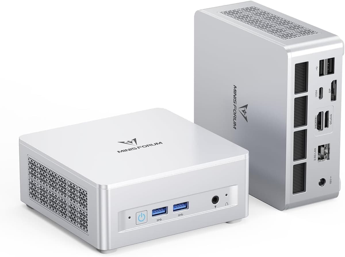 MINISFORUM UM880 Plus Mini PC, AMD Ryzen 7 8845HS (8C/16T, hasta 5.1GHz), 32GB DDR5 RAM, 1TB SSD, Gráficos Radeon 780M, OCuLink, Triple Display, 8K@60Hz, 5 puertos USB, Wifi6E