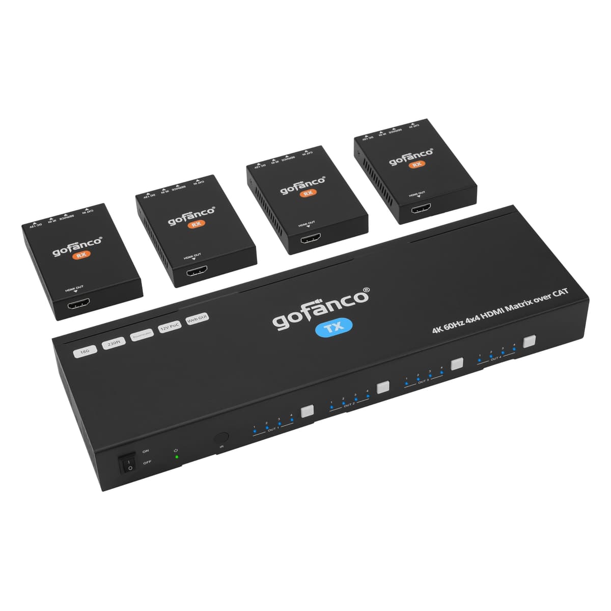 gofanco Matriz HDMI 4x4 Extensor/Splitter 4K - Extensión CAT6/7 70 m, 4K 60Hz 4:4:4, HDR, HDCP 2.2/1.4, IR, PoC, EDID, Auto Downscale, 8 salidas de video (4 HDMI + 4 RX), interfaz web (Matrix44HD2CAT)