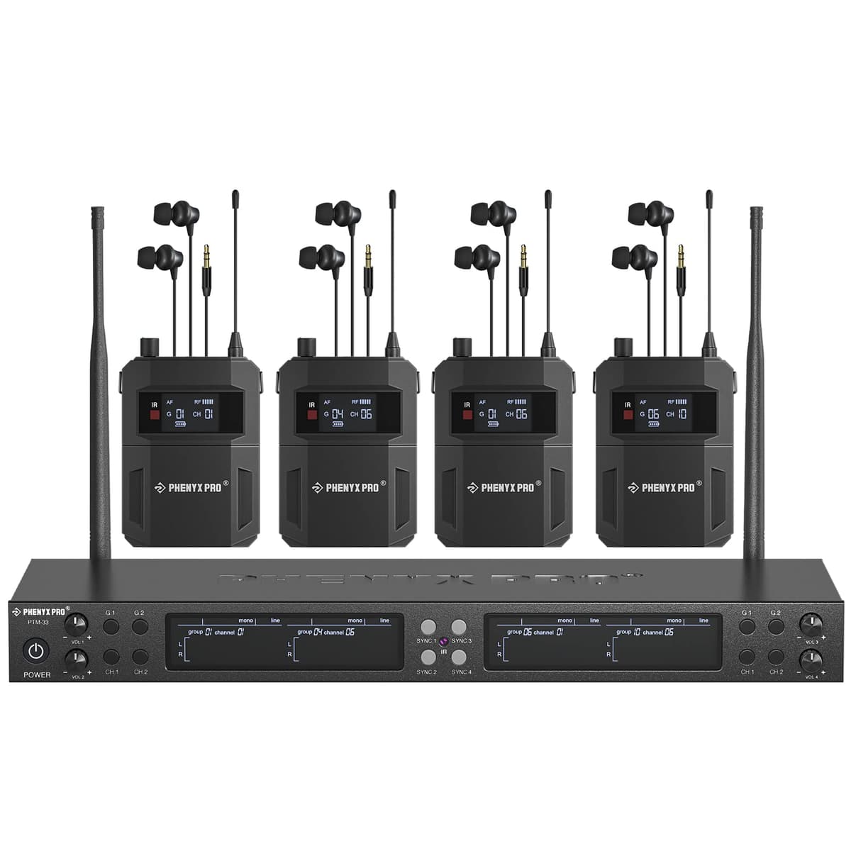 Phenyx Pro Sistema IEM In-Ear Mono 4 Canales con 4 Bodypacks PTM-33-4B 14652518011