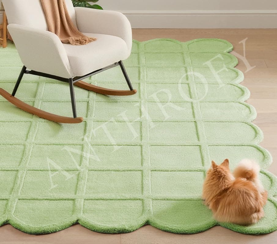 Anthrofy Selena alfombra scallop de lana 8' R - verde, hecha a mano con respaldo antideslizante AY-SCALLOPGREEN-8'R