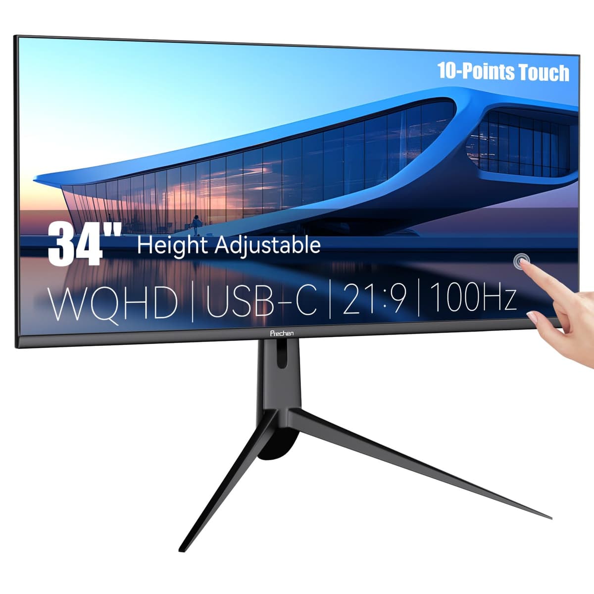 Prechen Monitor táctil 34" WQHD 3440×1440, contraste 3000:1,350 cd/m², pantalla táctil grande para computadora 100 Hz, USB-C, USB-B, USB-A, DP, HDMI, base ajustable en altura/giro/inclinación, pantalla táctil para PC, negro HD-340