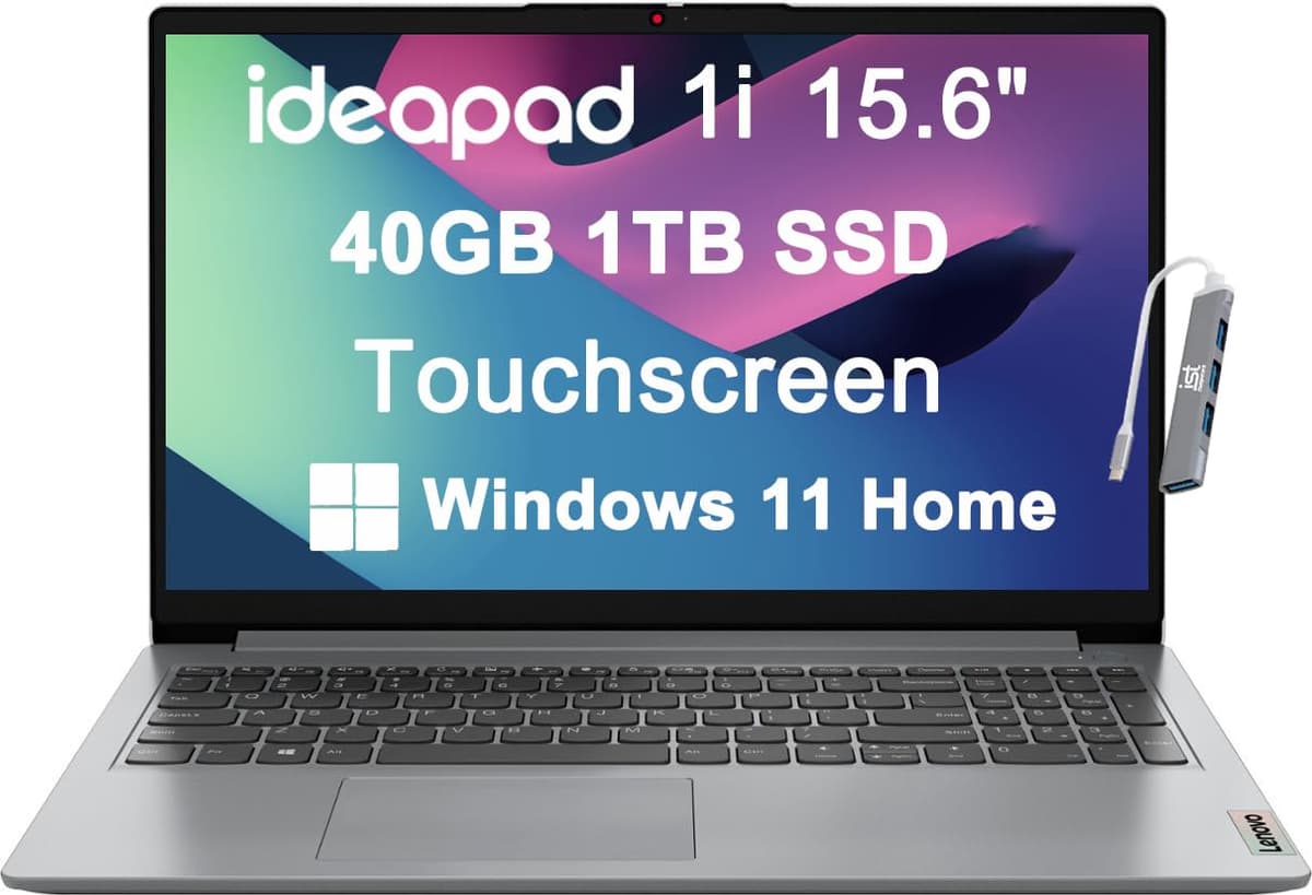 Lenovo IdeaPad portátil 15.6" FHD con pantalla táctil (40 GB RAM, 1 TB SSD, Intel i3-1215U de 6 núcleos (> i5-1135G7)), biseles delgados, cámara web, batería de 10 horas, Wi-Fi 6, IST Hub, Windows 11 Home en modo S, gris nube IdeaPad 1