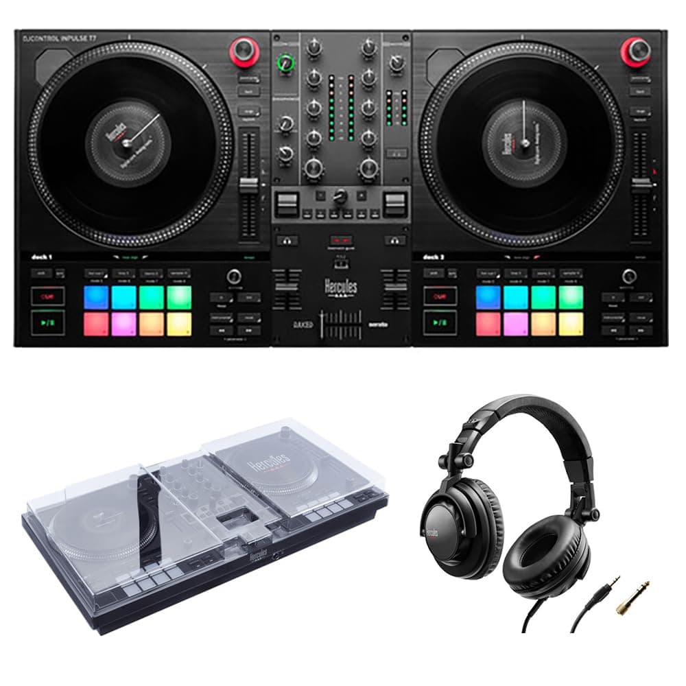 Kellards Hercules DJControl Inpulse T7 - Controlador DJ motorizado 2 Deck con STEMS (Bundle con funda y audífonos)