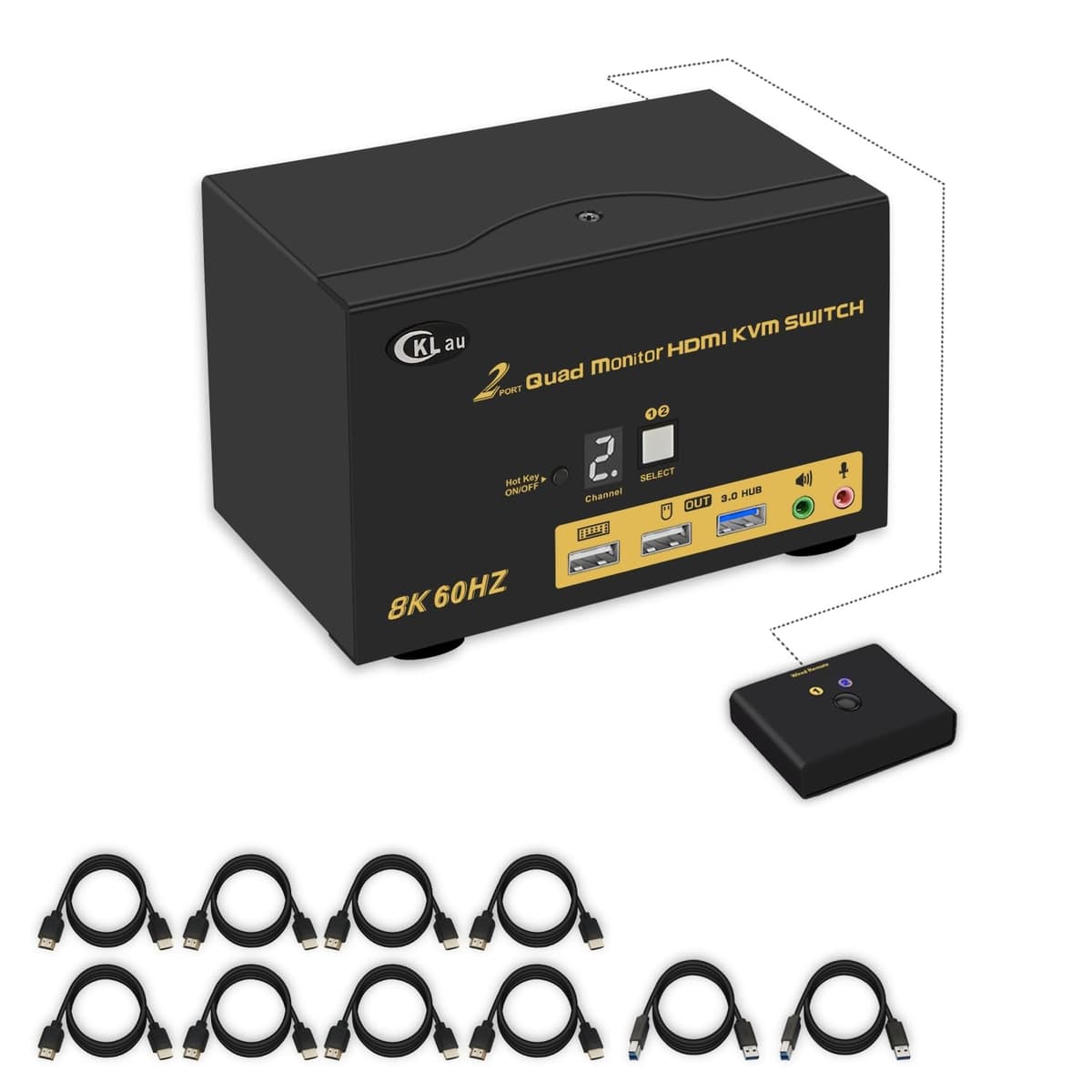 CKLau KVM HDMI 2 Puertos para 4 Monitores 8K@60Hz, 4K@144Hz con Cables y Hotkey KVM Switch