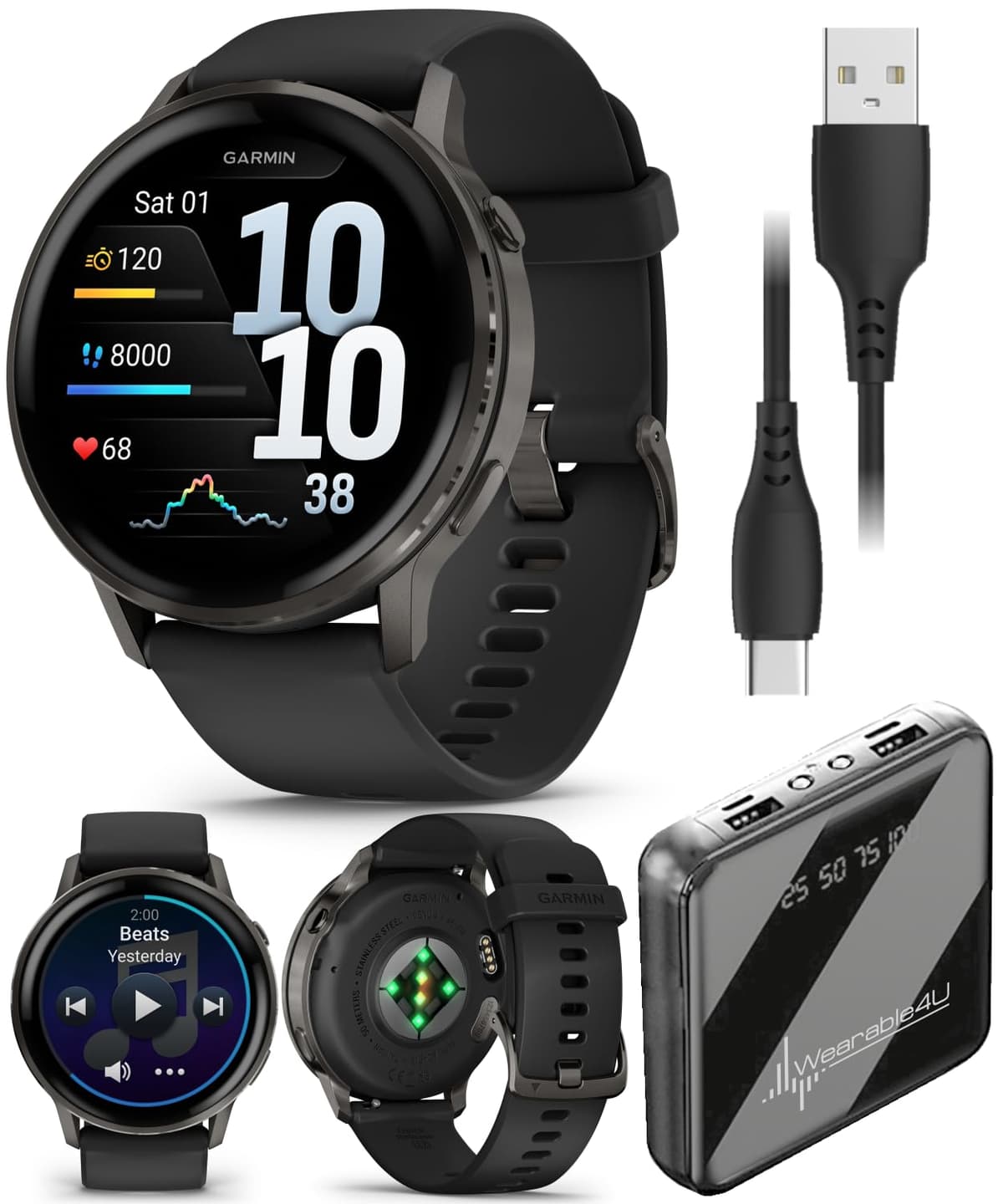 Garmin Venu 4 45mm Slate con malla negra + Wearable4U PowerBank