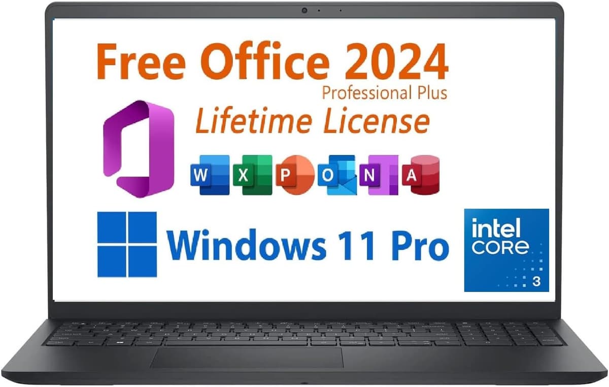 Dell Inspiron 15 Laptop, Office 2024 Microsoft Gratis de por Vida y Win 11 Pro, 15.6" FHD, Intel 6 núcleos Core 3 100U (Estilo I3-1215U) Hasta 4.7 GHz, 8GB, 256GB SSD Negro