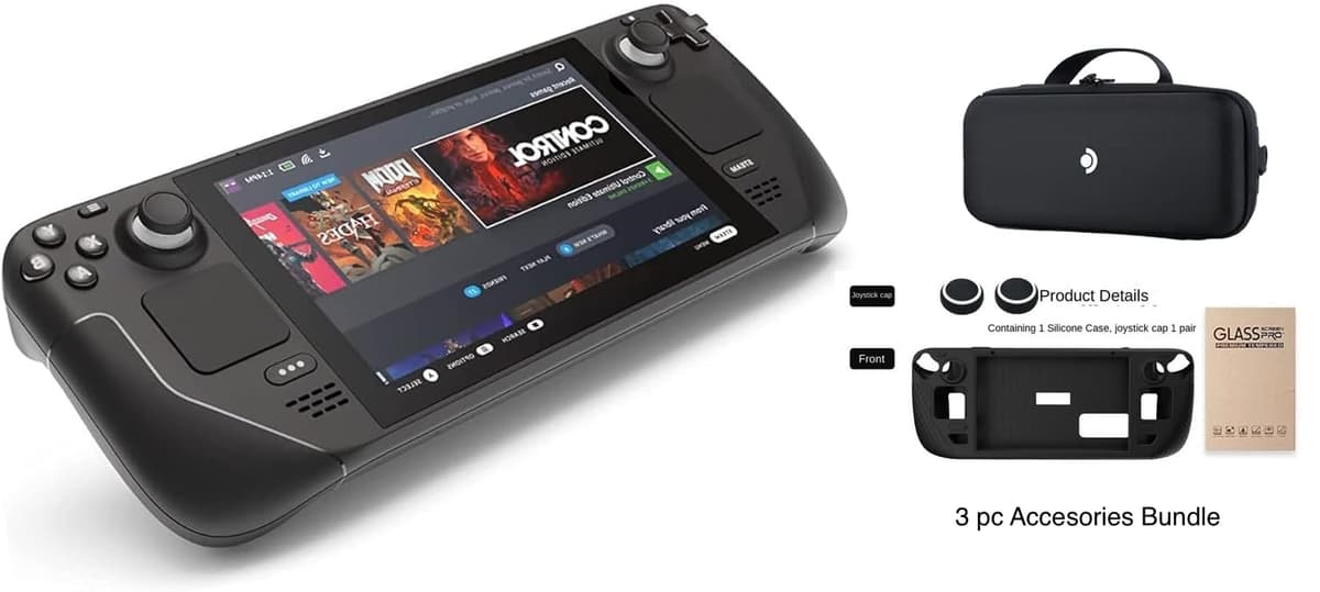 Consola portátil de juegos Valve Steam Deck 1TB mejorada con estuche de transporte, pantalla LCD 1280 x 800, protector de silicona suave, capuchón para joystick y film de vidrio templado (paquete)