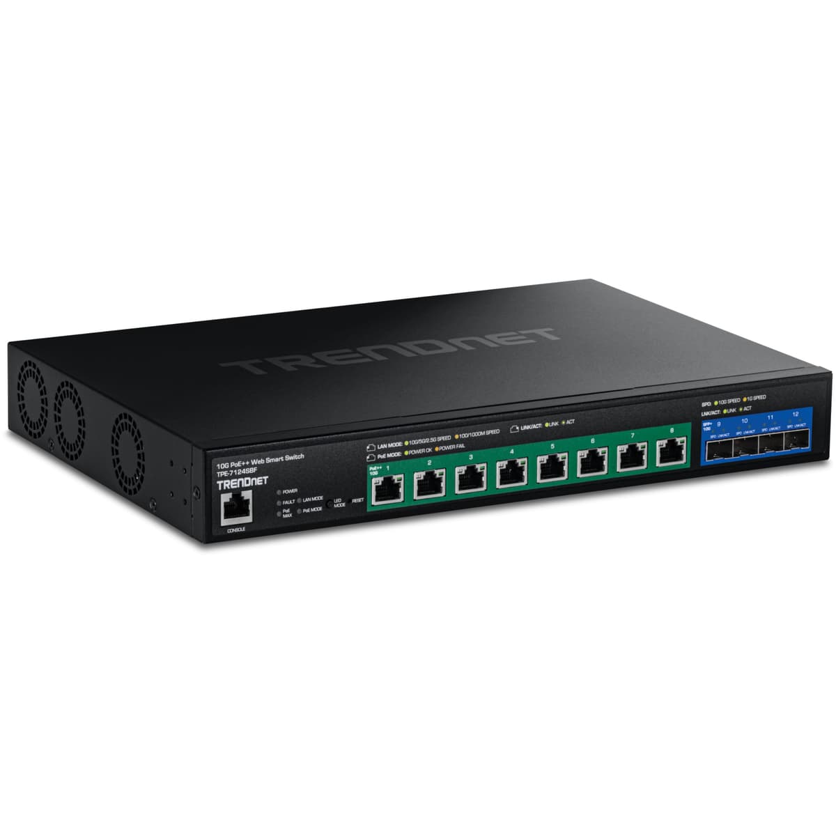 TRENDnet TPE-7124SBF Switch Web Smart 12 puertos 10G PoE++ 720W, 1U rack