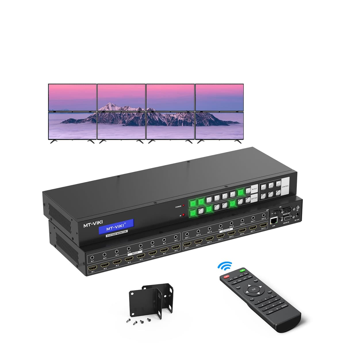 MT-VIKI Matriz HDMI 8x8 4K para Video Wall 2x4 con GUI Web y Salida de Audio, Controlador HDMI Personalizado para Pared de TV, Conmutador/Divisor de Matriz para Bastidor con Soporte RS232, APP, Control Remoto IR, Web