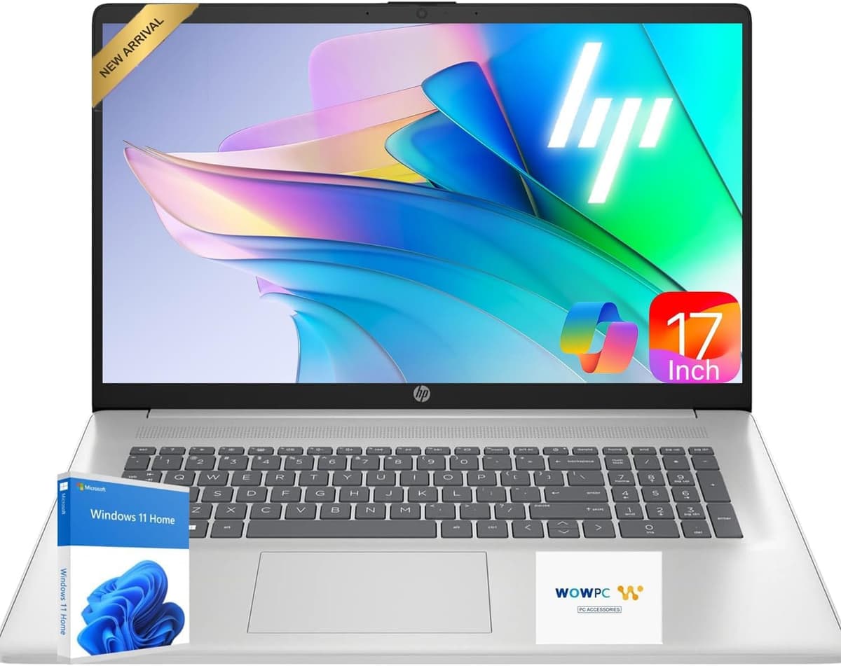 HP Laptop empresarial 17.3" FHD, Edición 2026, potente CPU AMD Ryzen 5 serie 7000 (supera al Intel i7-1355U), 16 GB RAM, SSD 256 GB, USB-C, HDMI, Wi-Fi 6, Windows 11 + Copilot, con USB WOWPC
