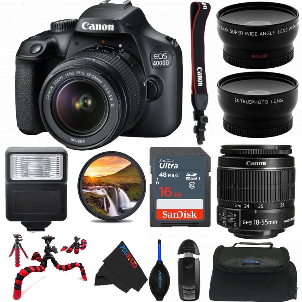 Canon Cámara DSLR EOS 4000D con objetivo 18-55mm f/3.5-5.6 III - Paquete avanzado Pixi (Versión internacional) (Reacondicionada) 3011C003AA