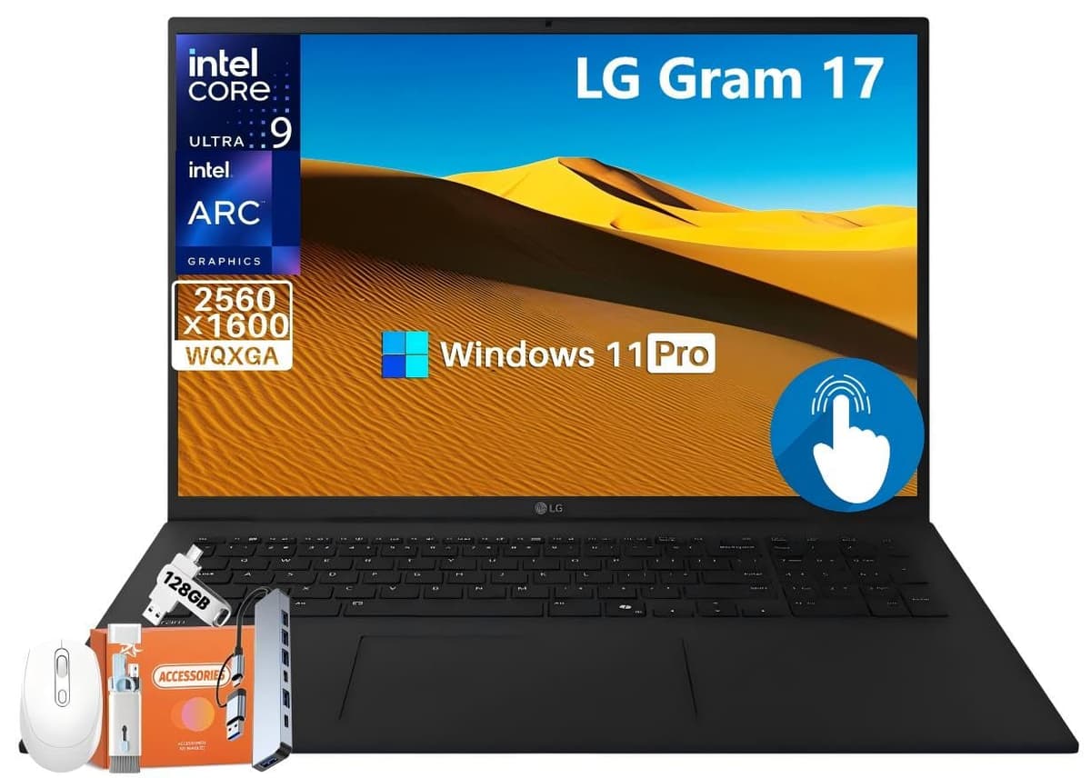 LG gram 17" Professional Touch Laptop - Edición Intel Evo con Core Ultra 9 Serie 2, 32 GB de RAM, SSD de 2 TB, pantalla táctil WQXGA de 17", AI Copilot+ para PC, hasta 23.5 horas de batería, Wi-Fi 7, Windows 11 Pro 17Z90TL-H.AUB8U3