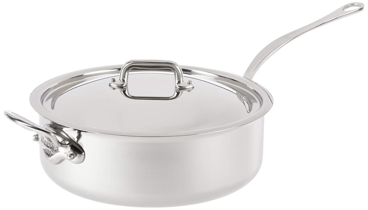Mauviel M'Cook 5-Ply sartén salteadora de acero inoxidable pulido con tapa y manija auxiliar, 6.2 qt, fabricado en Francia 5211.29