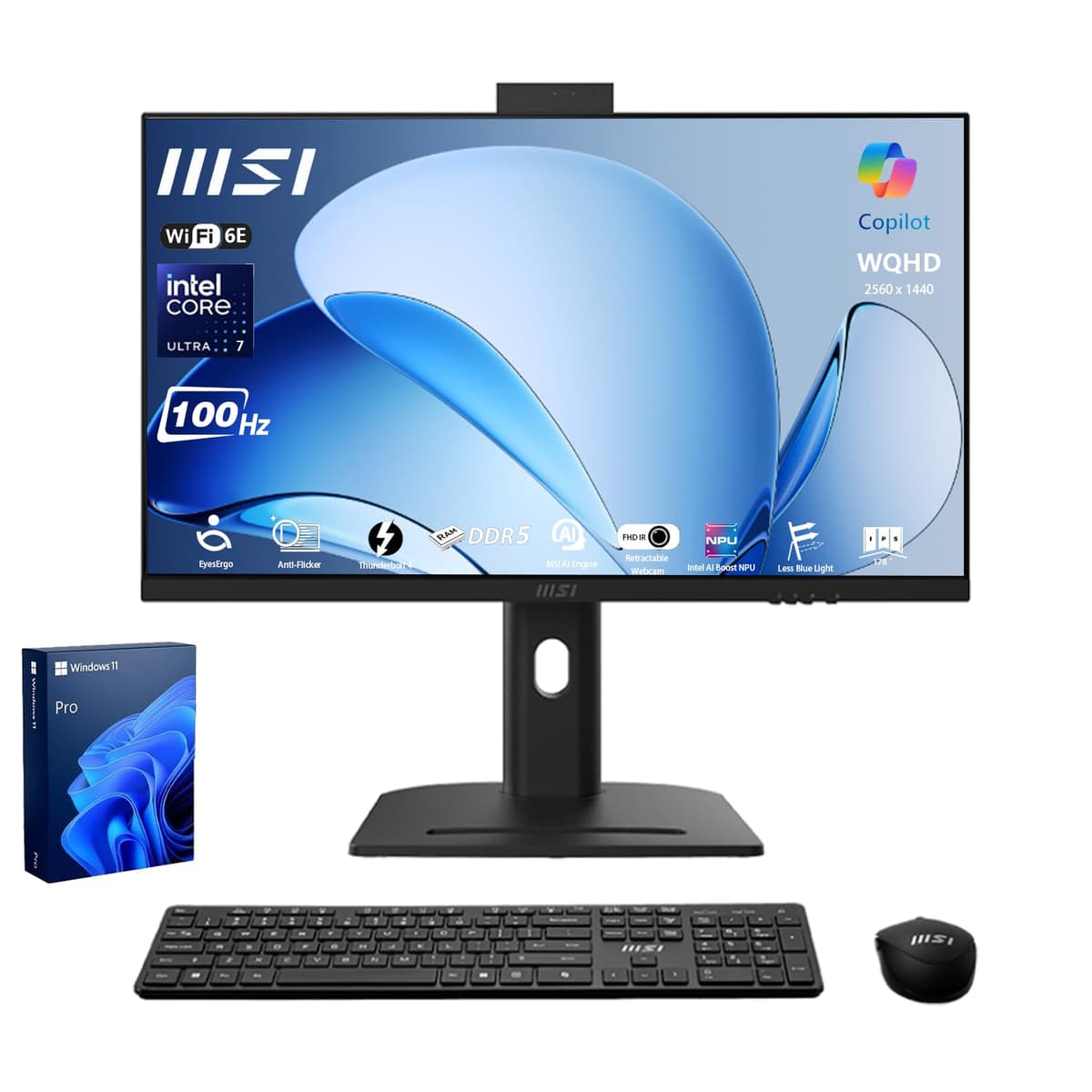 MSI Modern All-in-One Empresarial de 27", Pantalla WQHD IPS 100Hz, Intel Core Ultra 7 155H, 64GB DDR5, 2TB SSD, Cámara FHD IR, Wi-Fi 6E, Thunderbolt 4, HDMI, Teclado y Mouse Inalámbricos, Windows 11 Pro Modern AM273QP AI 1UMG