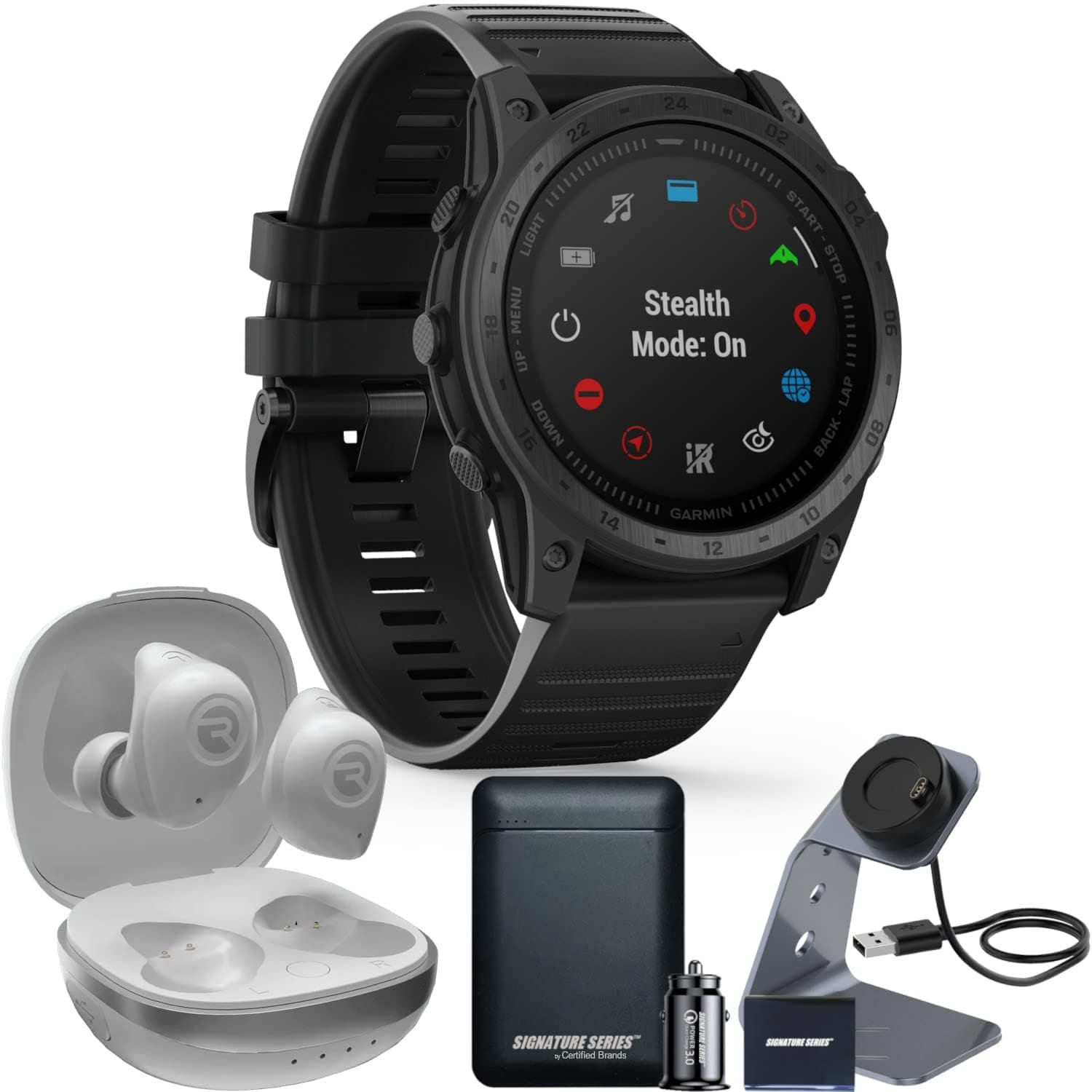 Certified Brands Bundle Garmin tactix 7 Standard + Raycon Fitness + Stand + Power Bank 010-02704-00+RBE745-21E-WHI Power Bundle