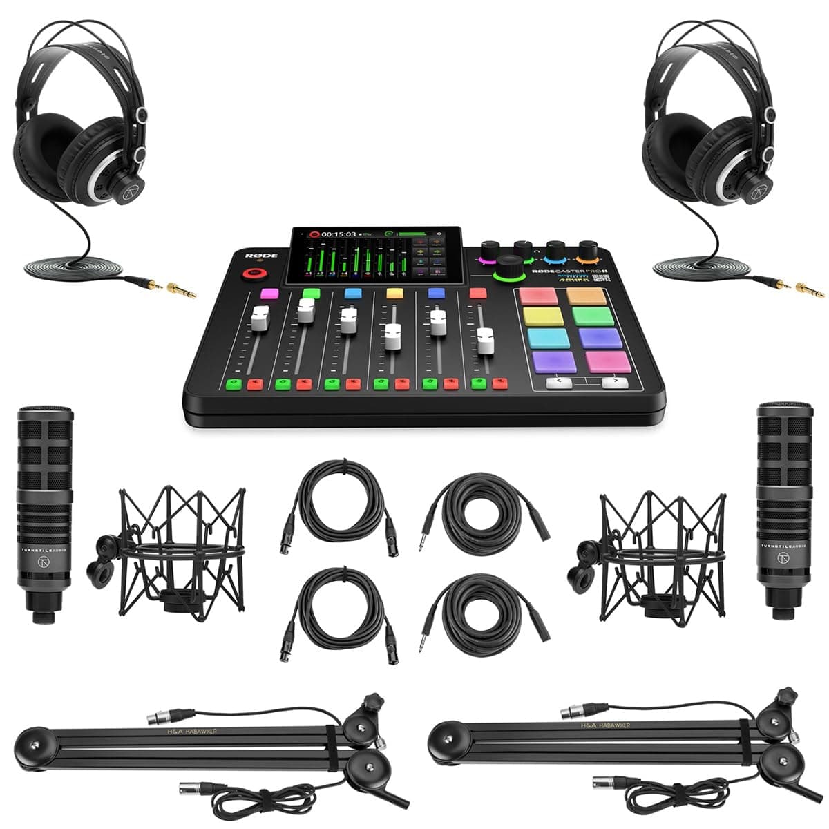 Rode RODECaster Pro II Production Studio Console Bundle con 2 mics TAP300 y 2 brazos H&A RCPII 2MIC