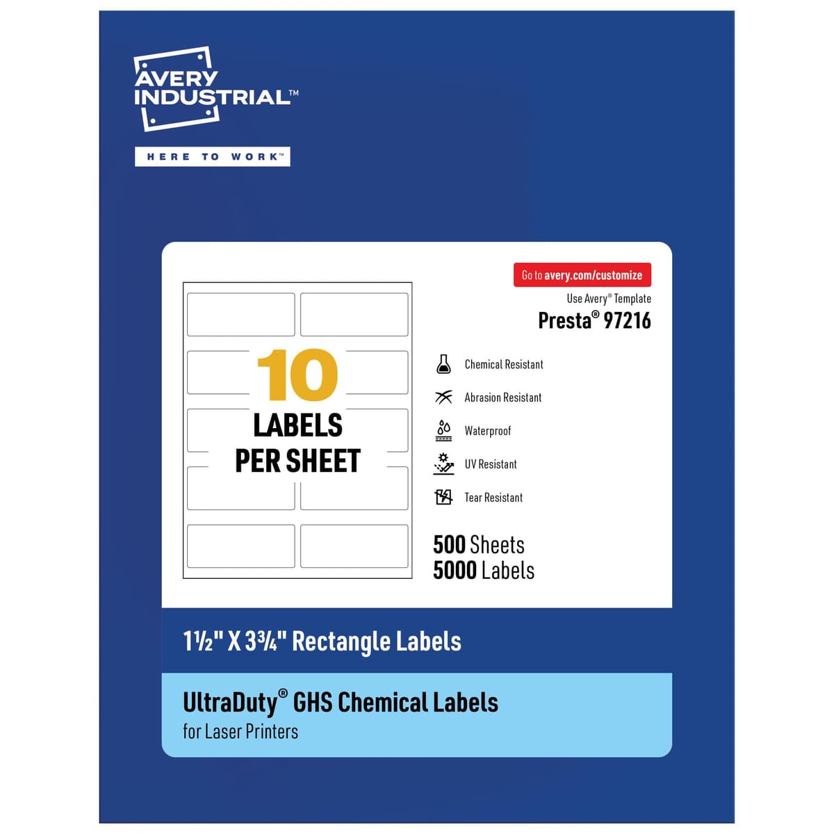 Avery UltraDuty GHS Labels 1.5" x 3.75" rectangulares impermeables 5000 unidades para impresoras láser 97216-WMU500