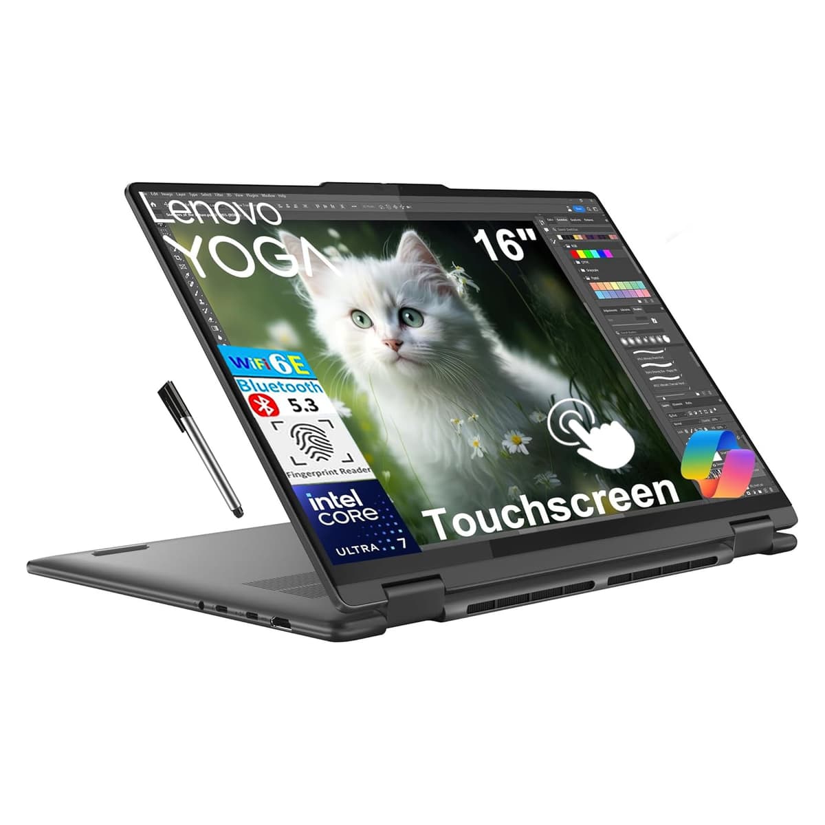Lenovo Yoga 7i 2 en 1, pantalla táctil FHD+ 2K de 16", Intel Core Ultra 7 155U de 12 núcleos, 16GB LPDDR5X, SSD 1TB, teclado retroiluminado, lector de huellas, Thunderbolt 4, Windows 11 Home, gris tormenta, Pen USB EAT 16GB