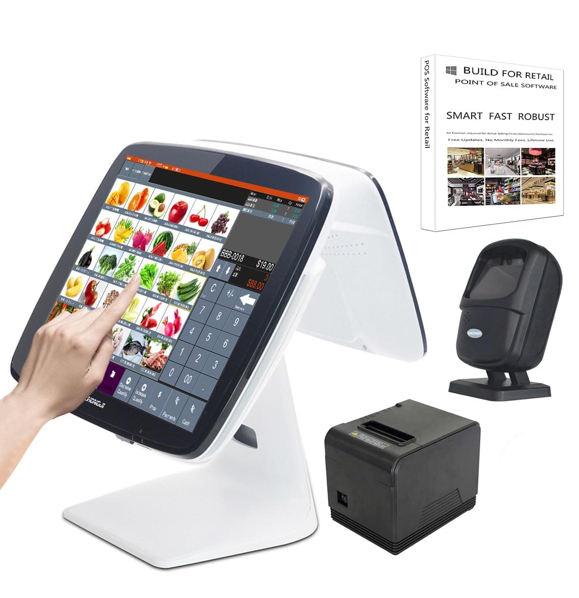 ZHONGJI Sistema POS táctil para comercio con impresora térmica, gaveta y software (Set04) RETA3D