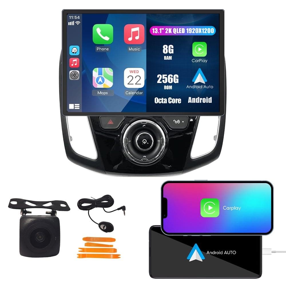 Kunfine KF-V8552A 13.1" QLED con CarPlay y Android Auto para Ford Focus 2011-2018, Octa Core 8G+256G