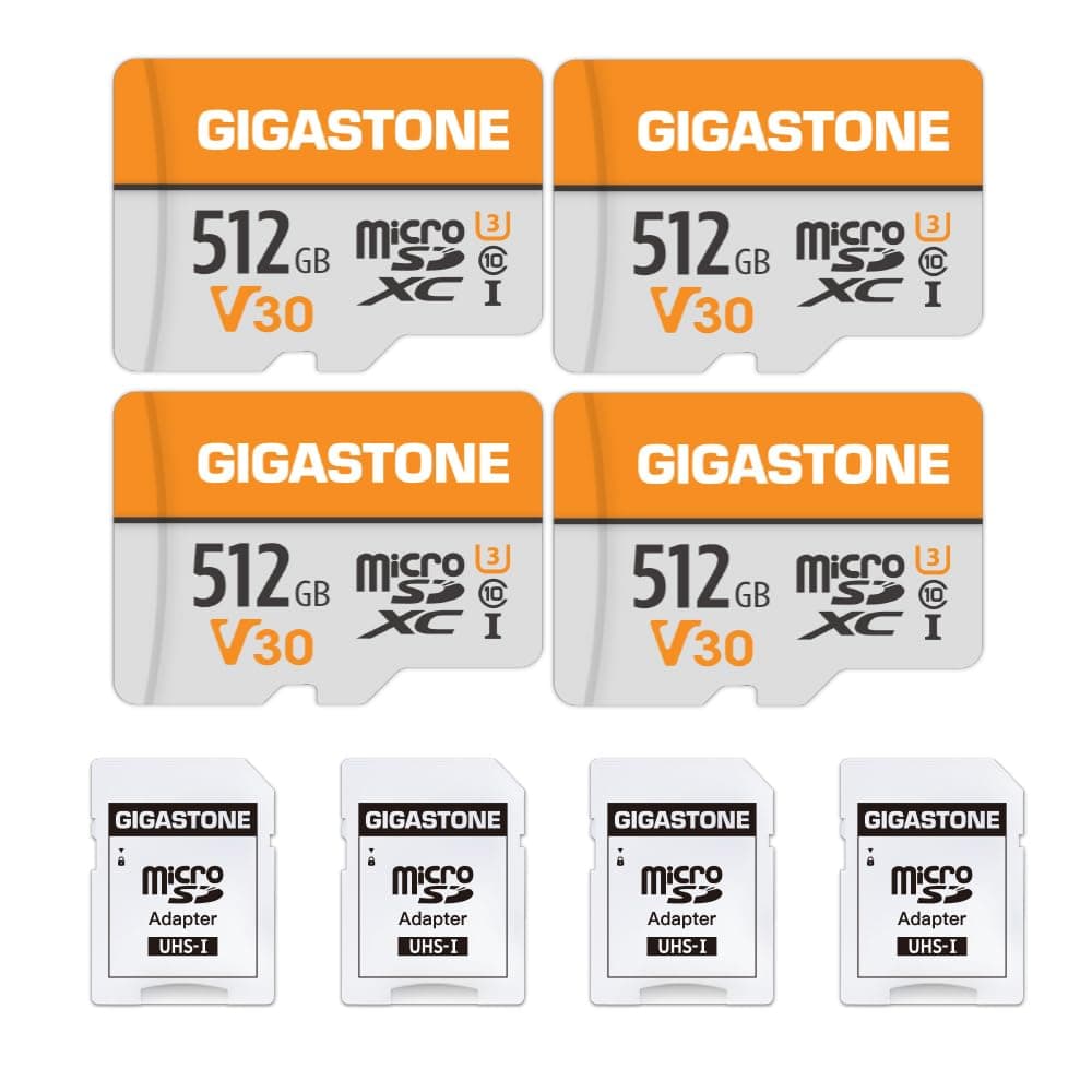 GIGASTONE Paquete de 4 Micro SD de 512GB, A1 V30 Grabación de Video 4K, Vigilancia, Cámara de Seguridad, Cámara de Acción, Drone, Tarjeta de Memoria MicroSDXC UHS-I Clase 10