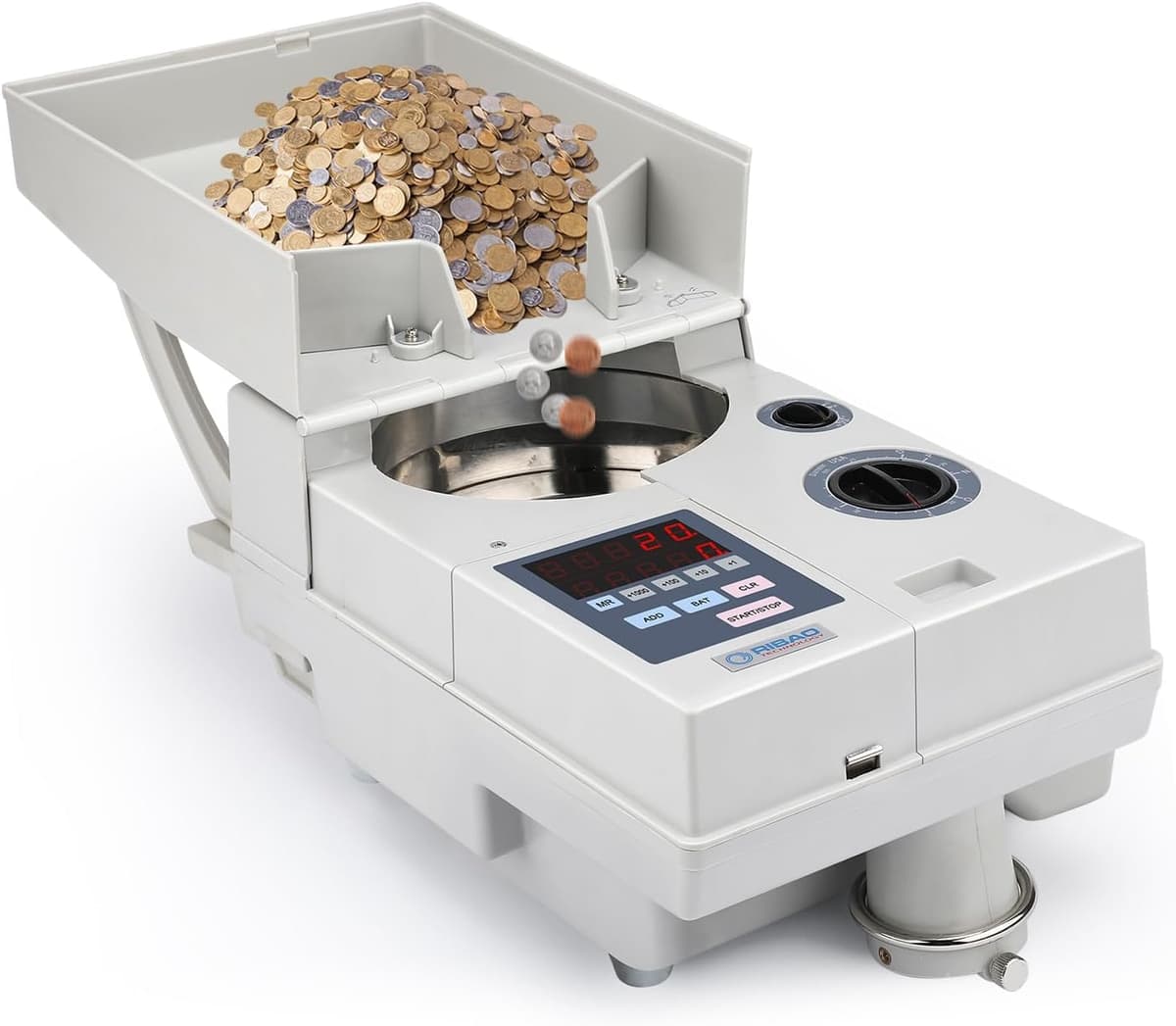 Ribao CS-10S Contadora y Clasificadora de Monedas Portátil de Alta Velocidad, Velocidad de Conteo 1800 Monedas por Minuto, Tolva para 2000 Monedas, Adecuada para Monedas Internacionales y Fichas, Garantía de Dos Años