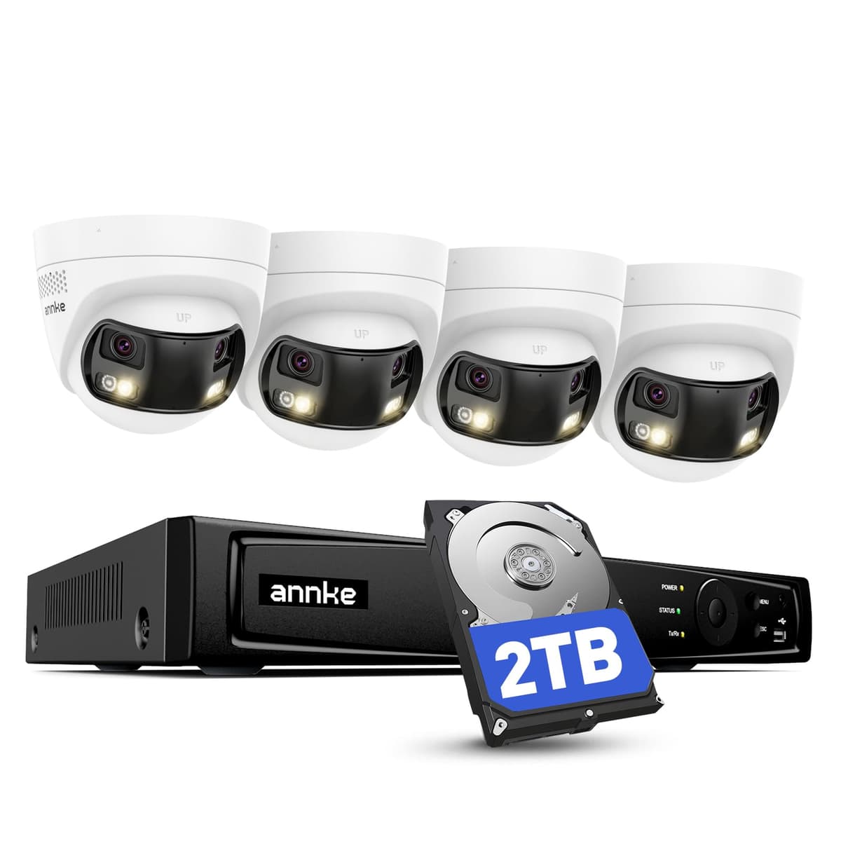 Sistema de cámaras de seguridad ANNKE 4K PoE con lente dual, ángulo amplio de 180°, NVR H.265+ de 12MP con HDD de 2TB, 4 cámaras de vigilancia cableadas de 8MP, detección inteligente de personas/vehículos, audio bidireccional, luz dual inteligente AU-N98PBK2-94ET-P