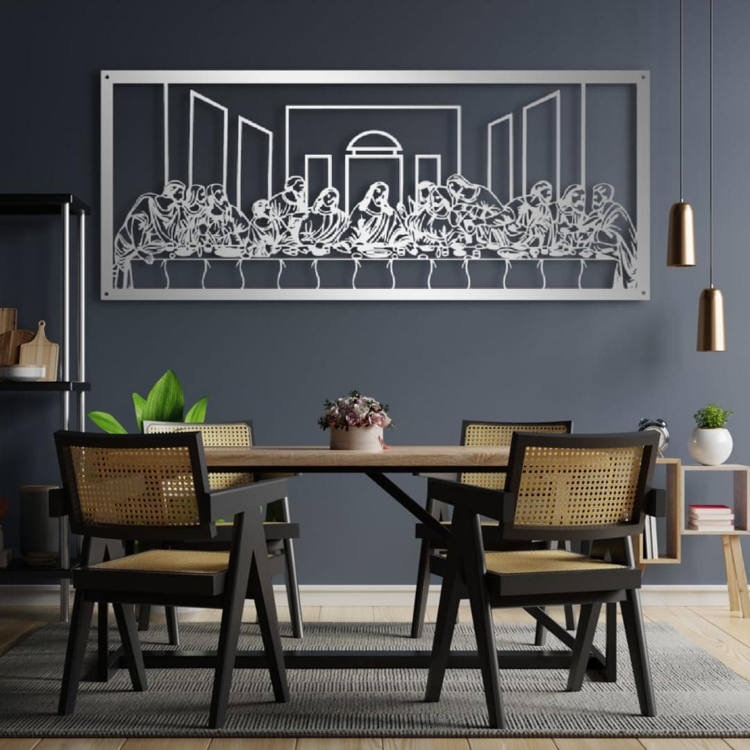 Yemwot Jesus Last Supper Metal Wall Art 196x82cm Plateado - Decoración mural cristiana HDSAJ48569