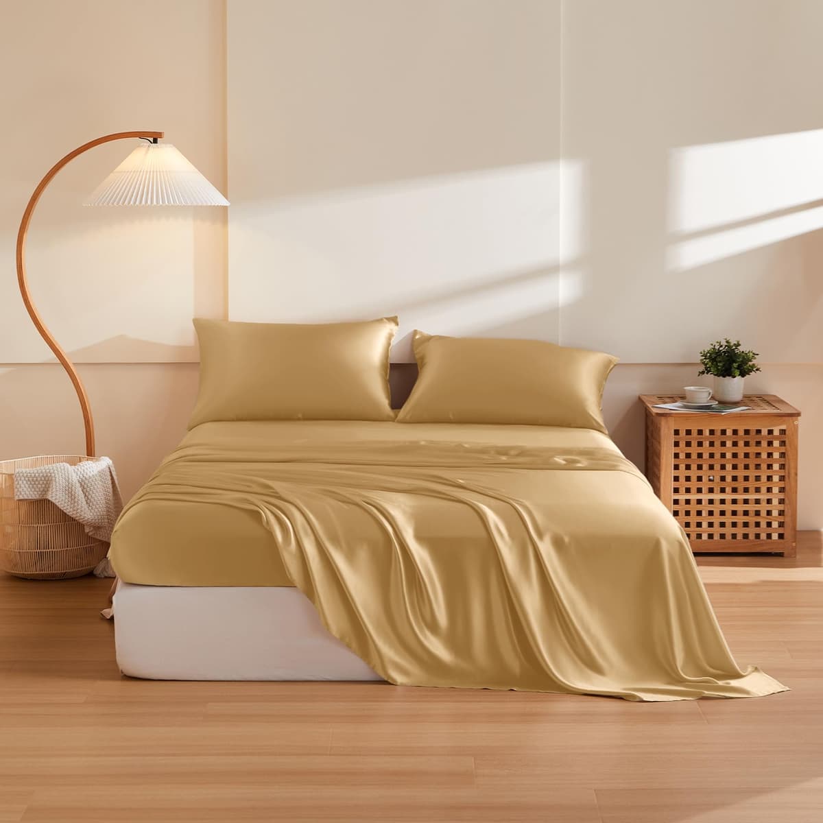THXSILK Juego de Sábanas de Seda 100% Morera 5 Piezas 19 Momme (Split King, Metallic Gold)