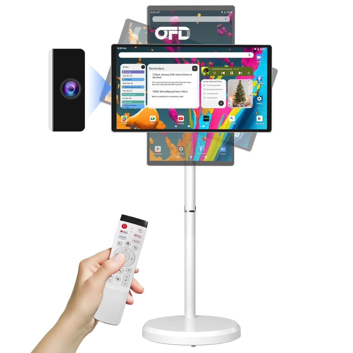 OFD Televisor portátil con ruedas de 21.5 pulgadas 2.ª generación 1080P, 100% sRGB, 6+128GB de almacenamiento, Android 15 OS pantalla táctil rodante con webcam de 13MP, control remoto, proyección inalámbrica, batería de 6000 mAh, certificado EDLA, blanco D01