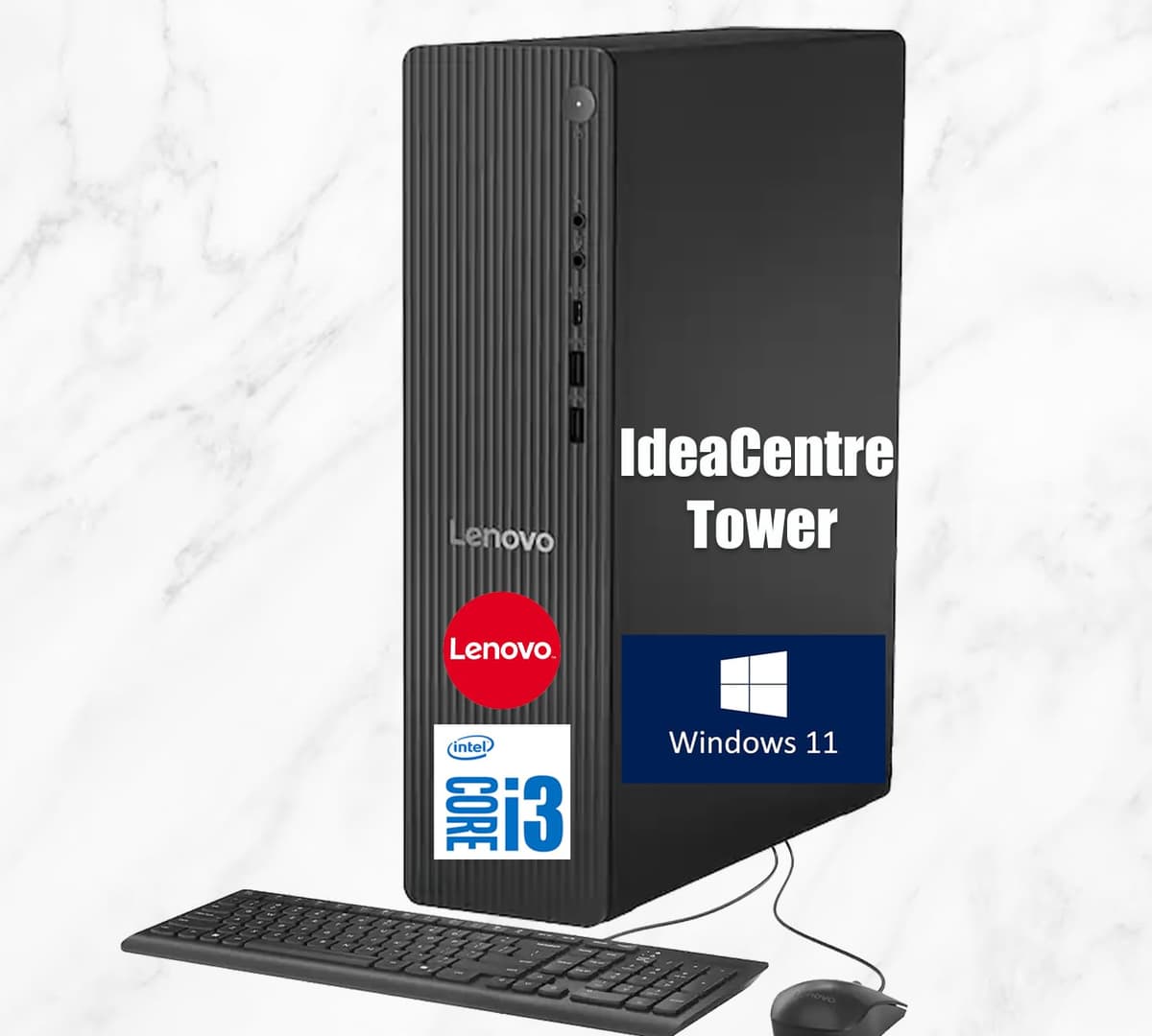 Computadora de Escritorio Lenovo IdeaCentre Tower | Intel 14.ª Gen Core i3-14100 de 4 núcleos | 32GB DDR5 RAM, 2TB SSD PCIe + 1TB HDD | Puertos de Monitor (HDMI + VGA) | RJ-45, WiFi 6 | USB-C | Teclado y Mouse | Windows 11 DSICi3