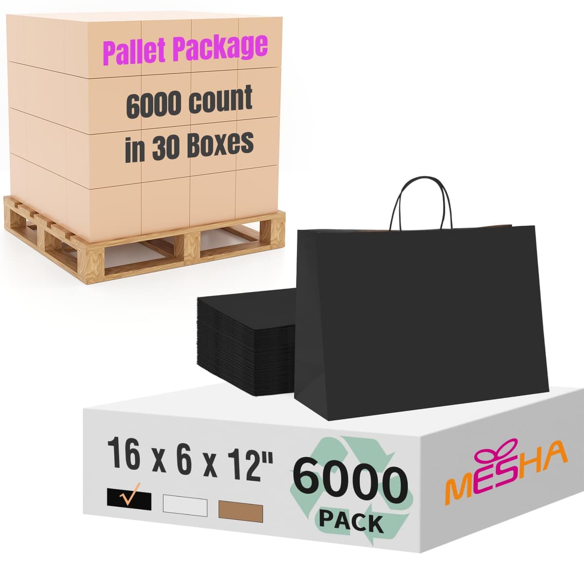 MESHA Gift Paper Bags 16x6x12 Inch - 6,000 pack (Black)