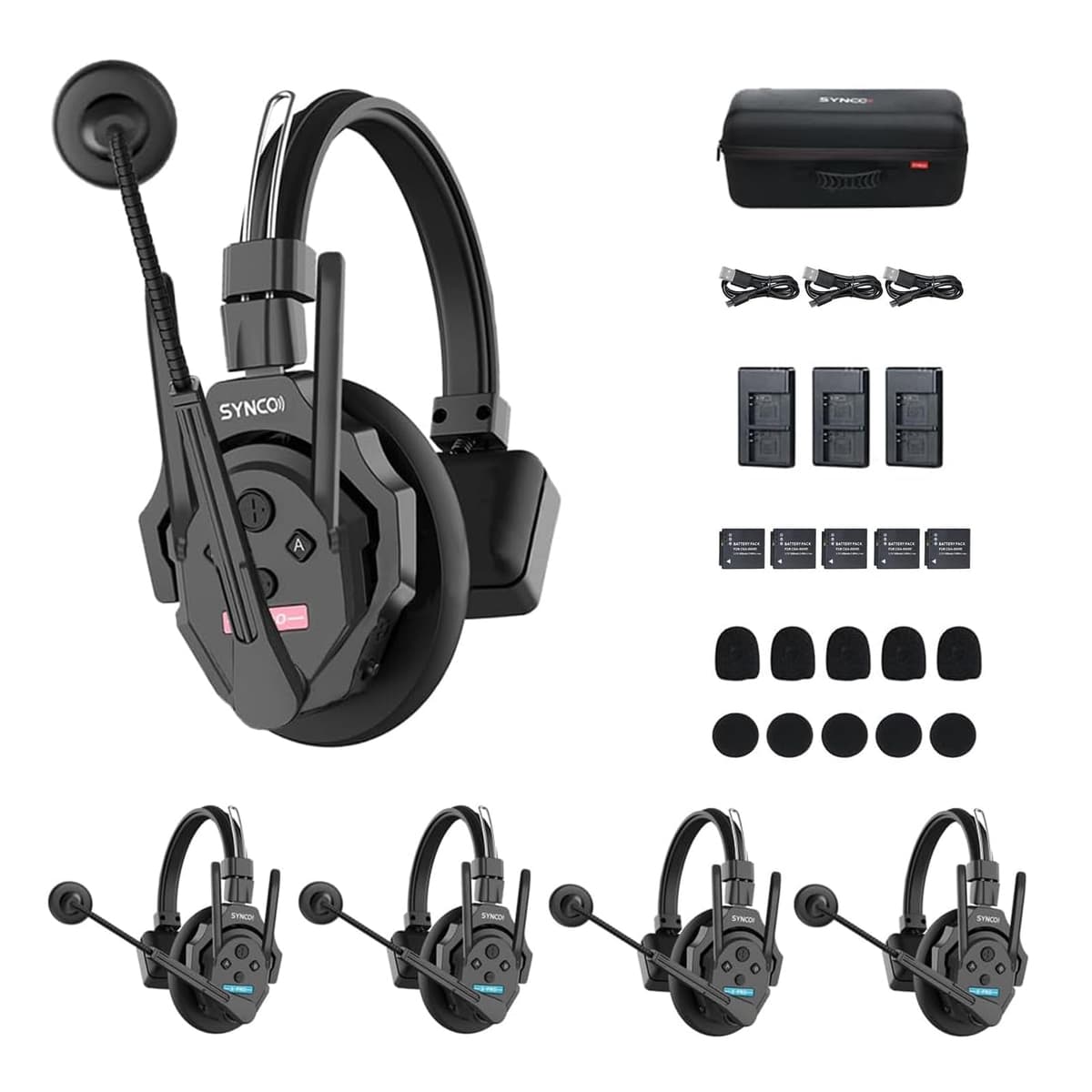 SYNCO XTalk XPro5 Sistema de Intercomunicadores Inalámbricos, Auriculares de Comunicación 2.4GHz para 5 Personas con 24H de Funcionamiento, 500 m/1640 ft con Reducción de Ruido para Rodaje de Películas, Shows en Vivo y Presentaciones en Escena STXPRO
