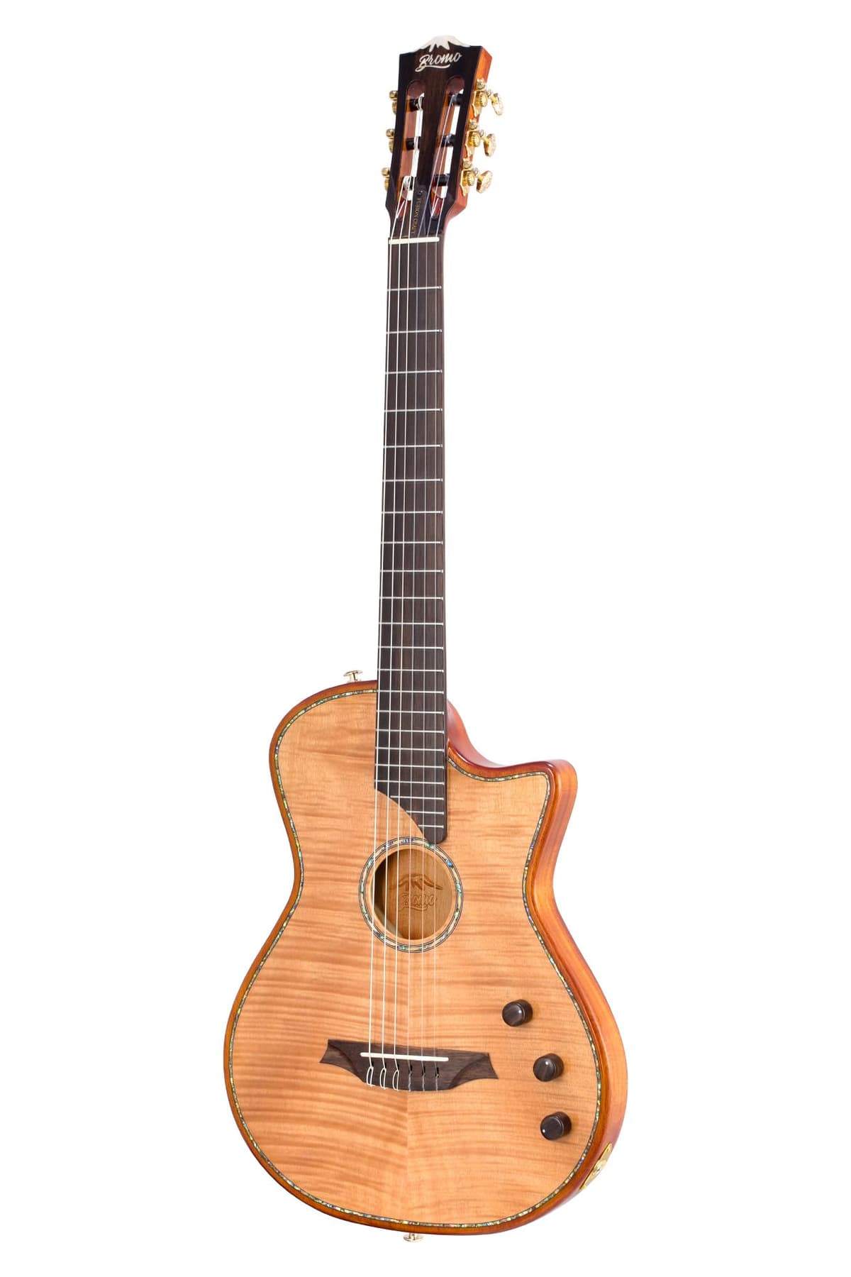 Guitarra híbrida Bromo BEN2C con cuerdas de nylon, cuerpo semi-hueco y doble pastilla (incluye estuche)