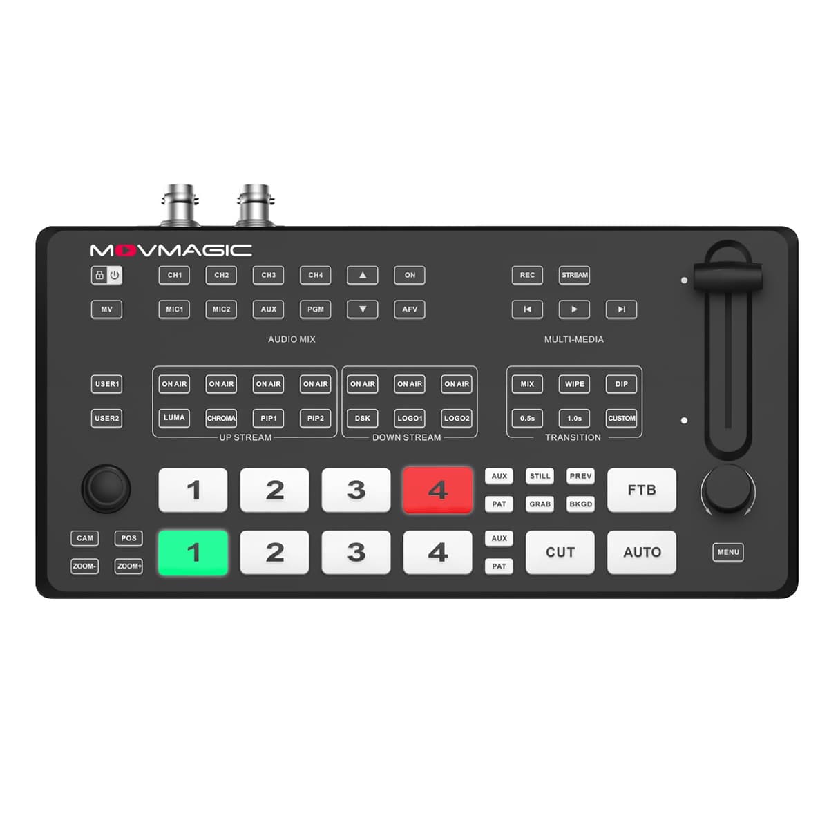 MOVMAGIC M4ES 5CH 2HDMI(4K/60P)+2SDI Entrada, conmutador de video, control PTZ, modo horizontal y vertical, edición de 8 capas, transmisión USB3.1, grabación, reproducción, subida, mezclador de video