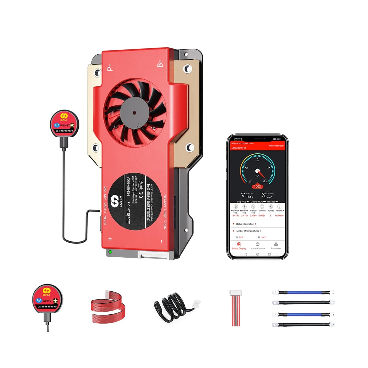 Placa de Protección BMS DALY Smart 14S 48V 400A con Módulo WiFi y Comunicación CAN/485 para Paquete de Baterías de Ion-Litio (Li-ion 14S 48V, 400A)